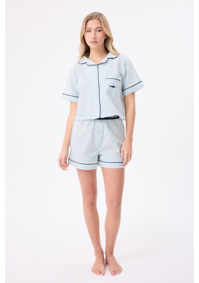 Lespadon Marısılk Seastrıpe Kadın Yazlık Şortlu Crop Gömlekli Pijama & Lounge Takımı-3174 Yesil