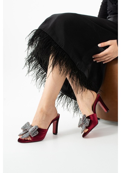 Lebibe Shoes Seravıa Kadın Bordo Kadife Taşlı Fiyonklu 9 Cm Topuklu Abiye Terlik