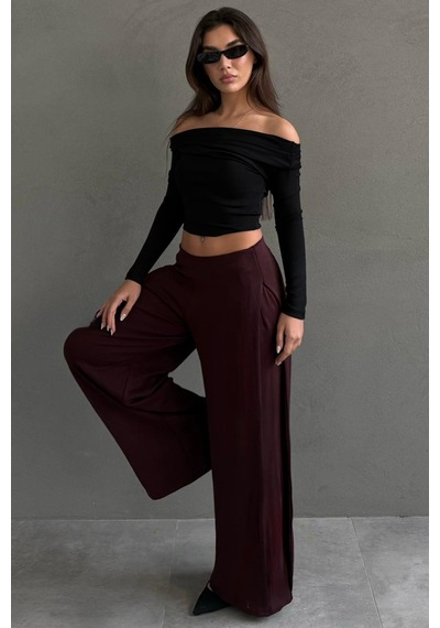 Madmext Bordo Yumuşak Dokunuşlu, Yanları Pilili, Modal İçeren Geniş Paça Pantolon Mg2668 Bordo