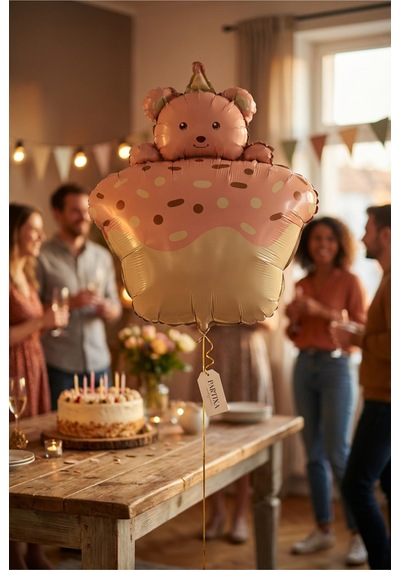 Ayıcık Figürlü Pembe Retro Cupcake Folyo Balon Baby Shower Doğum Günü Parti Süsü Çok Renkli