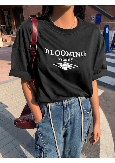 Tarzsokak Blooming Vitality Baskılı Beyaz Oversize Tişört Siyah