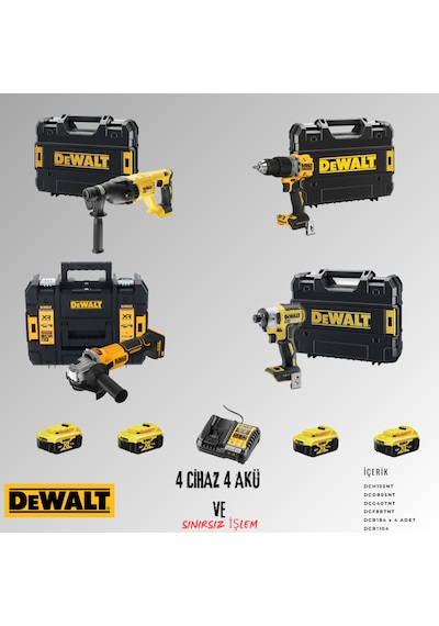 Dewalt DCH133NT + DCD805NT + DCG407NT + DCF887NT 4 Adet 5 Amper Akü + Şarj Aleti Set