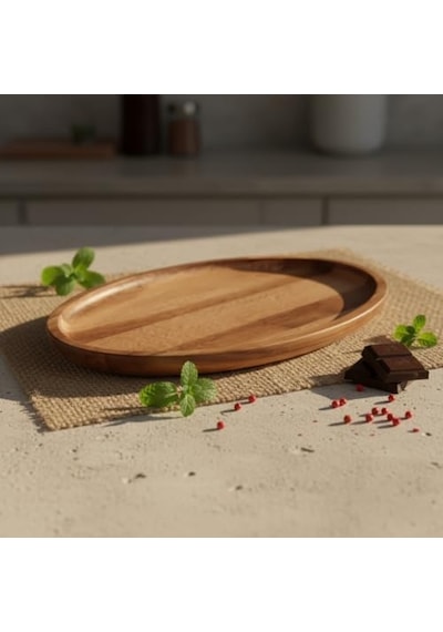 Akasya Ağacı Oval Sunum Tabağı 28x18 Cm Yükseltilmiş Kenarlı Doğal Ahşap Servis Tepsisi Kahve, Peynir Ve Diğer