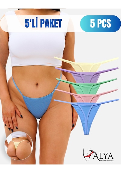 Alya Underwear Kadın Ipli Tanga Külotlar - 5 Li Paket Sarı, Mor, Mint, Somon,mavi 1301p P15