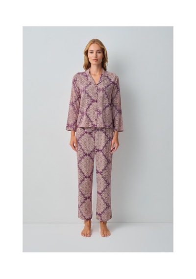 Suwen Harper Gömlek Yaka Pijama Takımı Wsh10510047662 Bordo Desenli
