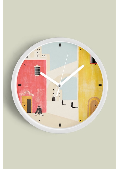 Retro Mimari Desenli Modern Duvar Saati - 42cm - Önü Camlı Beyaz Kasa - Sessiz Mekanizma Beyaz