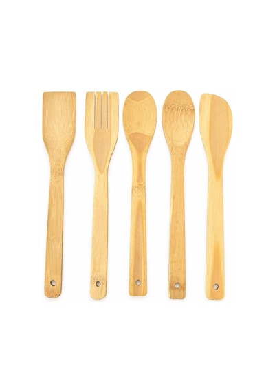 5 Parça Bambu Mutfak Kaşık Seti %100 Doğal, Çizilmeye Karşı Korumalı, Isıya Dayanıklı, Hafif, Ergonomik, T