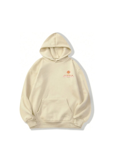 Flower Baskılı Oversize Sweatshirt Bej