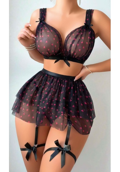 Siyah Fantezi Kostüm Takımı Kırmızı Kalpli 2067