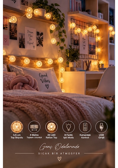 Deconitte 20 Rattan Top Şerit Led 4metre Usb Kumandalı Yılbaşı Parti Organizasyon Ev Dekorasyon Işığı Aydınlatma