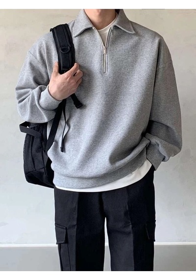 Genius Store Erkek Polo Yaka Oversize Yarım Fermuar Sweatshirt Gri