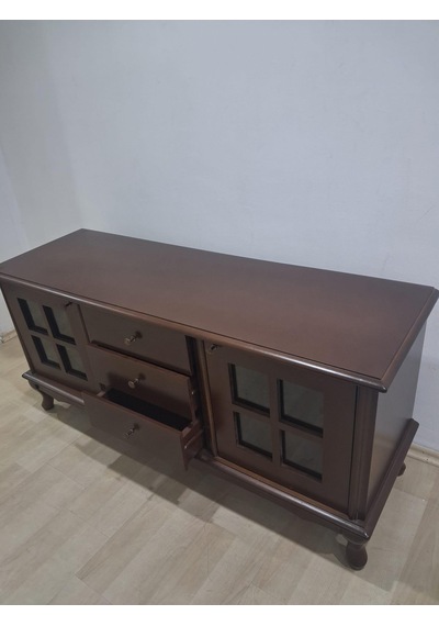 Tv Sehpa St 90567 Pencere Model Ahşap Kayın Aslan Ayak Ceviz Renk 125 Cm El Yapım Ceviz