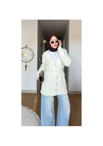 Nes Moda Kadın Düğme Detaylı Bel Büzgülü Angora Tesettür Triko Hırka Kazak Krem Krem