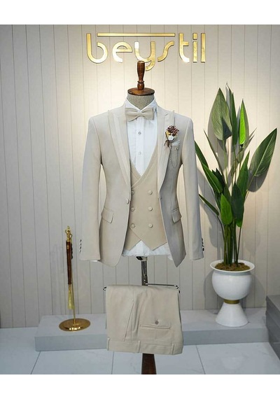 Bys Beystil Erkek Krem Slimfit Yelekli Damatlık & Smokin 20103