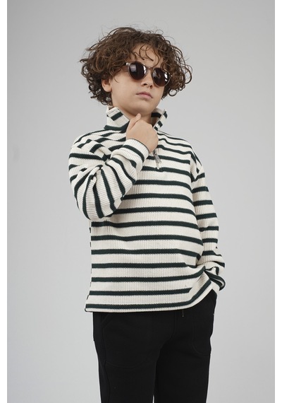 King-Brich Kingbrich Kids Oversize Kalıp Çizgili Yakası Fermuarlı Sweatshirt Yeşil