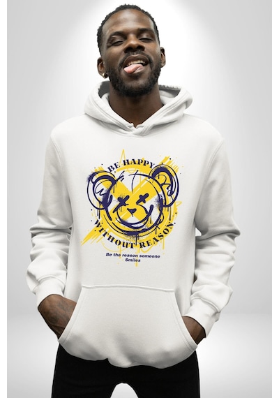 Sebep Olmadan Mutlu Ol Kadın Erkek Beyaz Kapüşonlu Sweatshirt Hoodie Beyaz