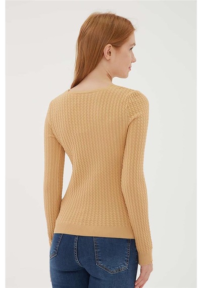 Fashion Friends Kadın Kare Yaka Saç Örgülü Kazak 23k0405k1 Camel