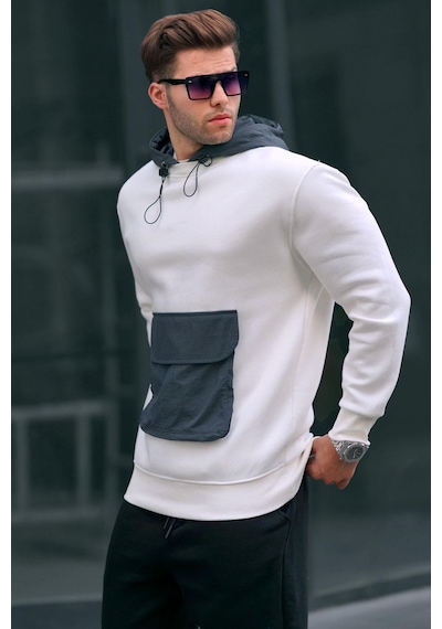 Madmext Ekru Kanguru Cep Kapüşonlu Erkek Sweatshirt 6138-ekru Ekru