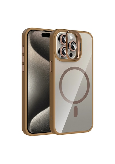 Apple   Uyumlu iPhone 15 Pro Max Kılıf Standlı Ve  Kamera Lens li M-safe Şarj Özellikli Zore Etro Kapak Desert Titanyum