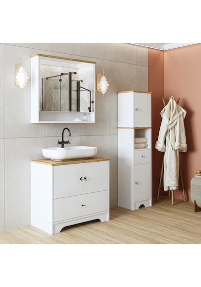 Lavabolu Mdf 80 Cm Çekmeceli Banyo Dolabı + Aynalı Üst Dlp Atlantik Çam - Beyaz Lavabolu Mdf 80 Cm Çekmeceli Banyo Dolabı + Aynalı Üst Dlp Atlantik Çam - Beyaz