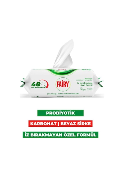 Fairy Power Wipes Yüzey Temizleme Mendili 100 Yaprak Beyaz Sabun Beyaz Sirke & Karbonat Tekli