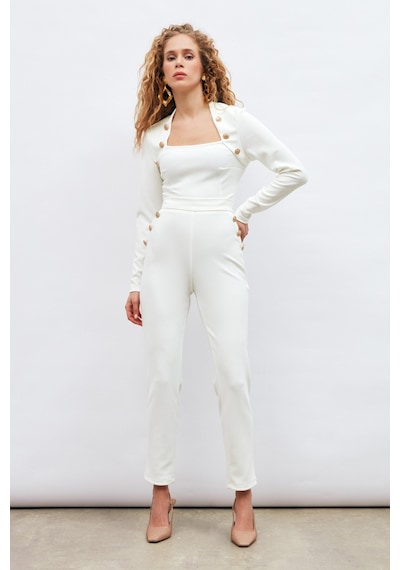 Sateen Düğme Detaylı Pantolon - Ekru