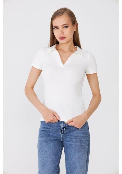 Hdm Kadın Ekru Polo Yaka Fitilli Günlük Bluz - H6038