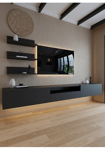Resital Ledli Duvara Monte Tv Sehpası - Antrasit - W6018-4 Çok Renkli