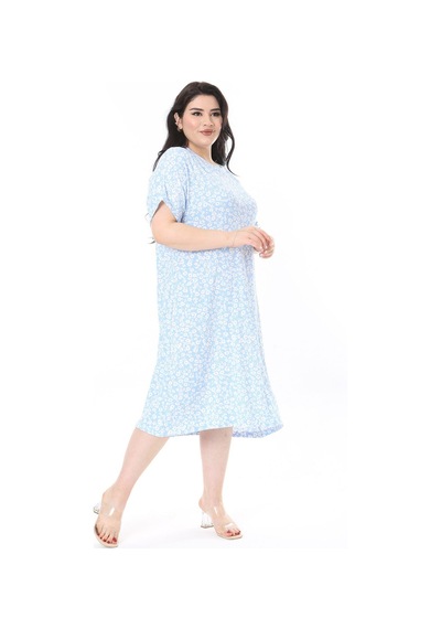 Şans Kadın Büyük Beden Bebe Mavisi Bürümcük Kumaş Kısa Kollu Desenli Elbise 65n37858-bebe Mavisi Bebek Mavisi