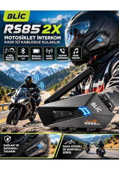 Blic Rs85 2x Tekli Motosiklet İnterkom 2 Kişi Eşleşme Özellikli, Bluetooth 5.0, 800 Mah Batarya