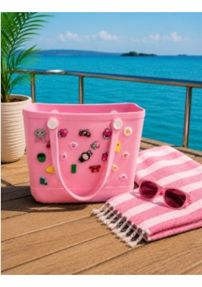 Şık Ve Mutlu Silikon Charm Aksesuarlı Plaj Çantası Açık Pembe