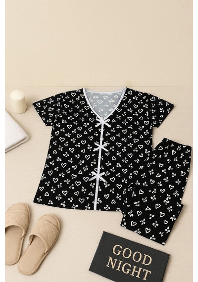 I-moda Kadın Siyah Beyaz Kalp Desenli Fiyonklu Kısa Kollu Pijama Takımı
