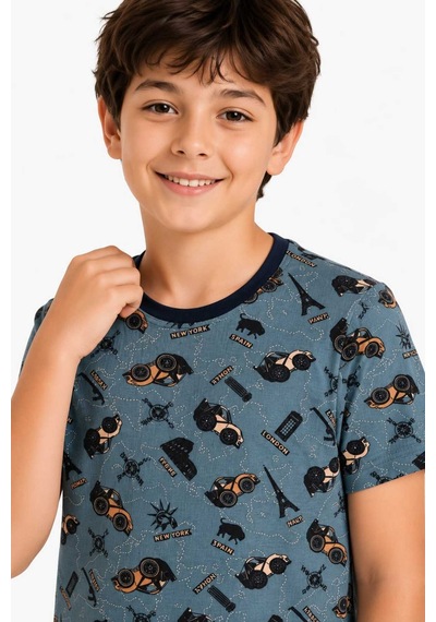 Tenra Erkek Çocuk Pamuklu Şortlu Pijama Takımı 3-12 Yaş Turkuaz
