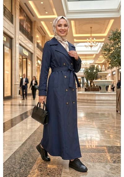 Hb Harma Time Butik Kadın Çift Düğmeli Kuşaklı Astarlı Bondit Lacivert Trençkot