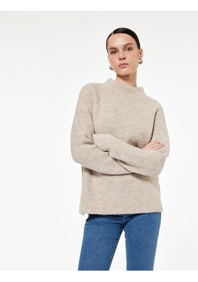 Koton Koton X Sibil Çetinkaya - Uzun Kollu Dik Yaka Triko Peluş Kazak Vizon 6wak90455ht