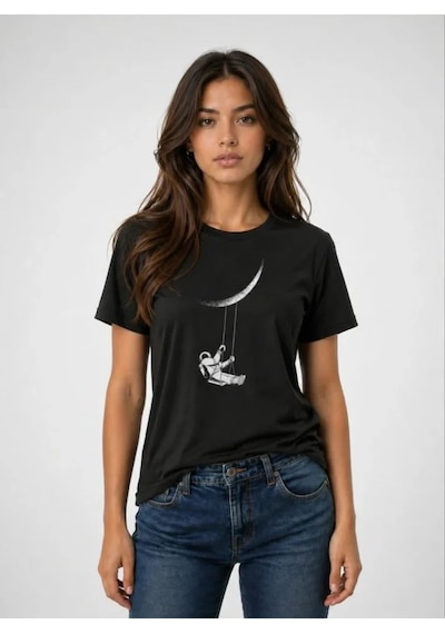 Hazego Astronot Ay Temalı Tişört Kısa Kol Yazlık Bisiklet Yaka T-shirt - Siyah