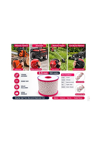 Algaride 3.5 Mm Motor Çekme İpi 100 Metre Motorlu Testere Jeneratör Motorlu Tırpan Çim Biçme Su Motoru Ve Benzinli Makineler İçin Starter Marş İpi