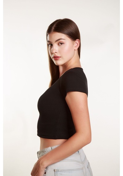 Mea Capio Kadın Fitted Crop Ön Yaka Bözgülü Fitilli Kollu Tshirt Atlet Bluz Siyah