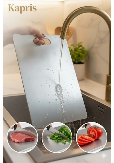 Kapris Paslanmaz Çelik Antibakteriyel Kesme Tahtası 32x24 Cm Gri