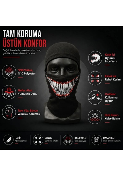 Biçomi Rüzgâr Geçirmez Kask İçi Nefes Alan Viskoz Tam Yüz Balaklava & Termal Boyunluk Unisex Siyah