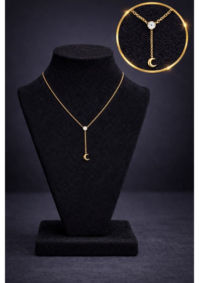 Minimal Zirkon Taşlı Ay Uçlu Gold Kolye