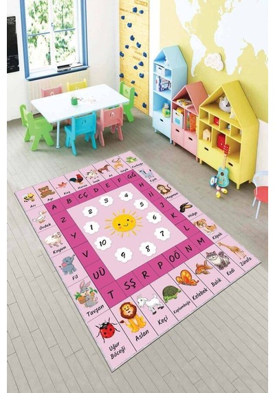 Pembe Kaymaz Tabanlı Eğitici Harfli Çocuk Halısı Ar241n11