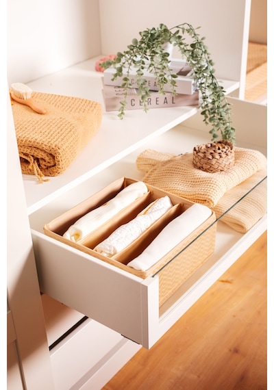 Serstil 6 Bölmeli Çekmece Içi Dolap Kıyafet Iç Çamaşırı Katlanabilir Düzenleyici Organizer Kutu 28x28x12cm Martı Bej