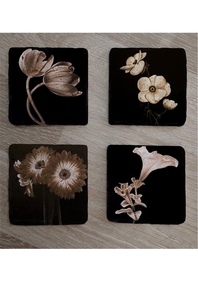 Siyah Zemin Lale Gerbera Ve Çiçekler Doğal Taş Bardak Altlığı 4'lü Set - Natural Stone Coasters - Taş Siyah