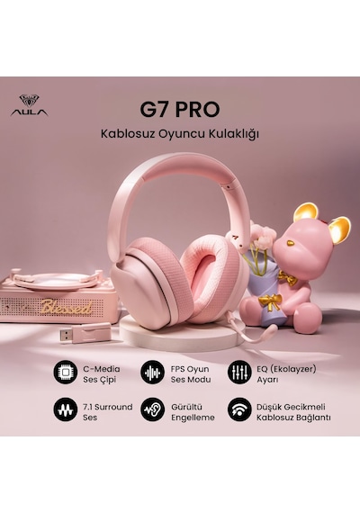 Aula G7 Pro Tri Mode Kablosuz Rgb Gaming Mikrofonlu Oyuncu Kulaklığı 7.1 Surround Ses 40mm Driver Düşük Gecikme E-spor Kulaklık Pembe