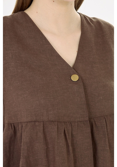 Sortie Collection V Yaka Tek Düğmeli Peplum Kahverengi Keten Bluz