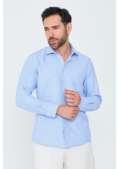 White Stone Mavi Mikro Desenli Dynamic Fit Erkek Uzun Kollu Gömlek MAVİ