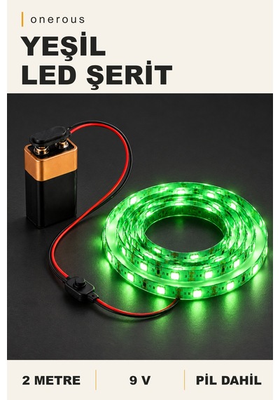 Onerous 2 M 9v Yeşil Led Şerit, Pilli, Pil Dahil, Anahtarlı