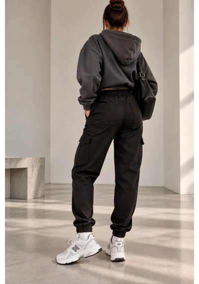 Bb Butik Basic Kadın Poliviskon Gabardin Cargo Jogger Pantolon Dm3535 siyah
