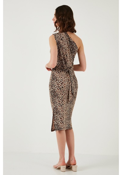 Lela Slim Fit Tek Omuzlu Yırtmaçlı Bağlama Detaylı Midi Bayan Elbise 5866272 Leopar